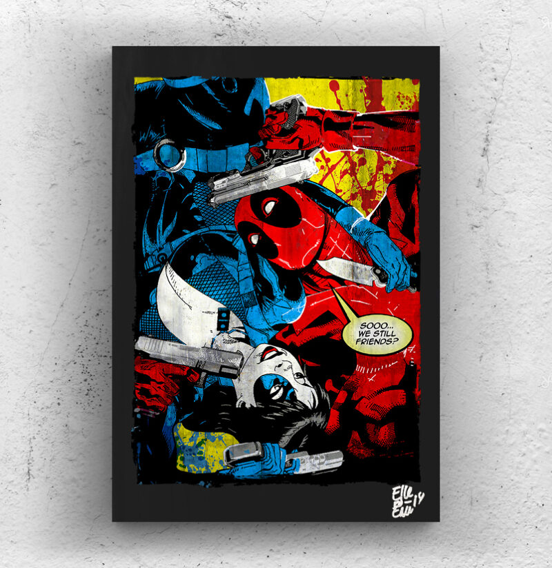 Deadpool vs Domino, Quadro originale su legno Artwork on wood 35x50cm