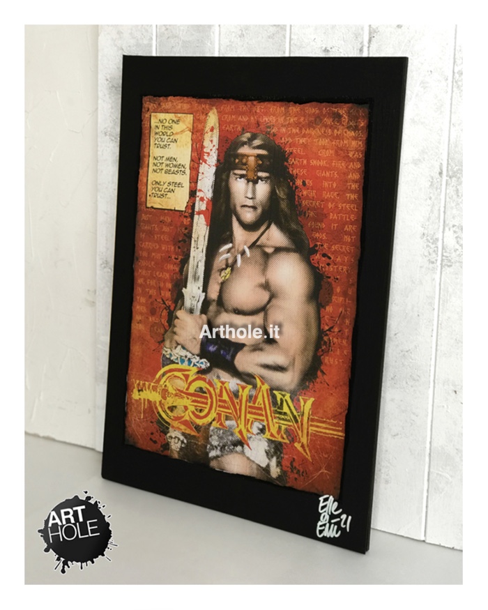Schwarzenegger in Conan il Barbaro (1982), quadro pop art stampa originale, original unique pop art painting and framed poster. Shipping worldwide.