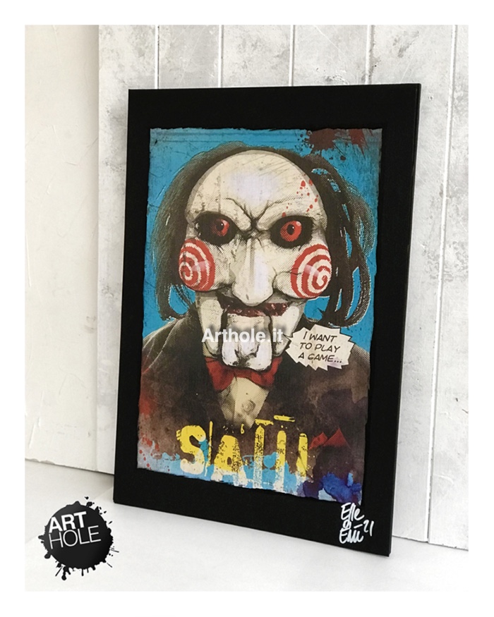Billy il pupazzo di Saw l'Enigmista (Jigsaw), , quadro pop art stampa originale, original unique pop art painting and framed poster. Shipping worldwide.
