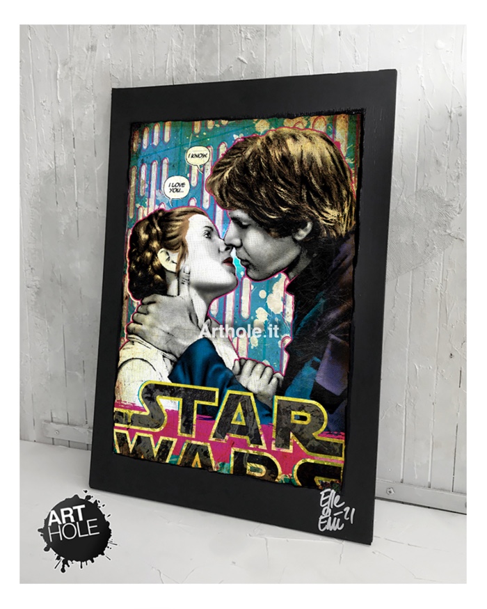 Bacio tra Han Solo e Leia Quadro Star Wars Poster Originale handmade. 1980 Harrison Ford, Carrie Fisher kissing. Sci-Fi