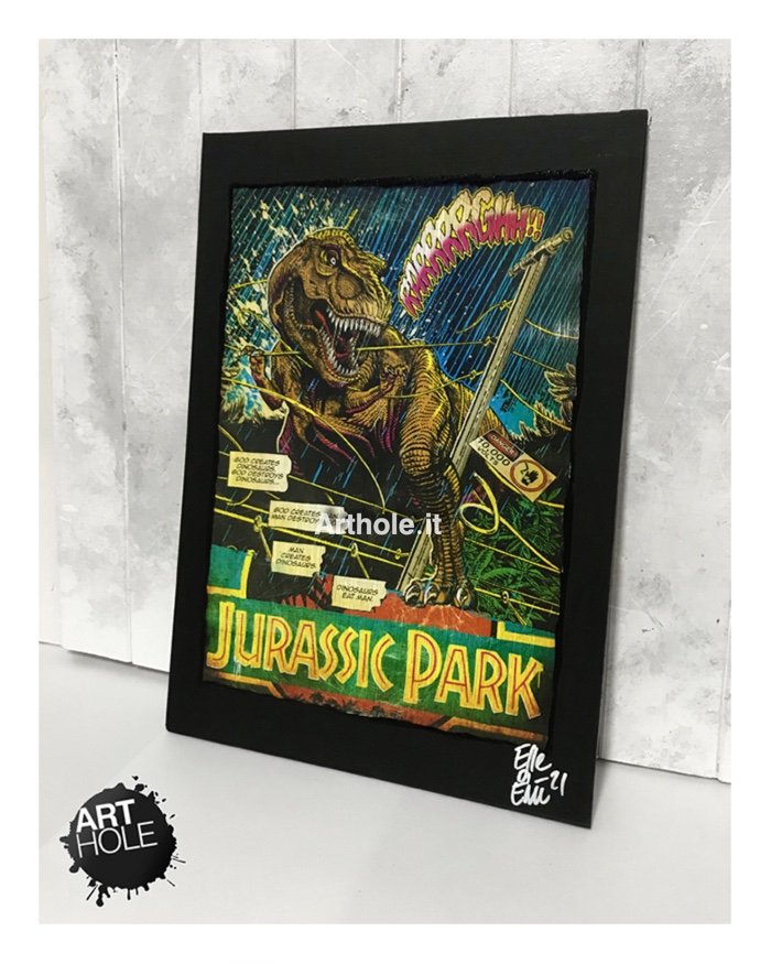 T-Rex dal film Jurassic Park Quadro Poster Originale handmade. 1993 Dinosauri, 1980 The Lost World, Il Mondo Perduto, film di Steven Spielberg. Jurassic World, Velociraptor.