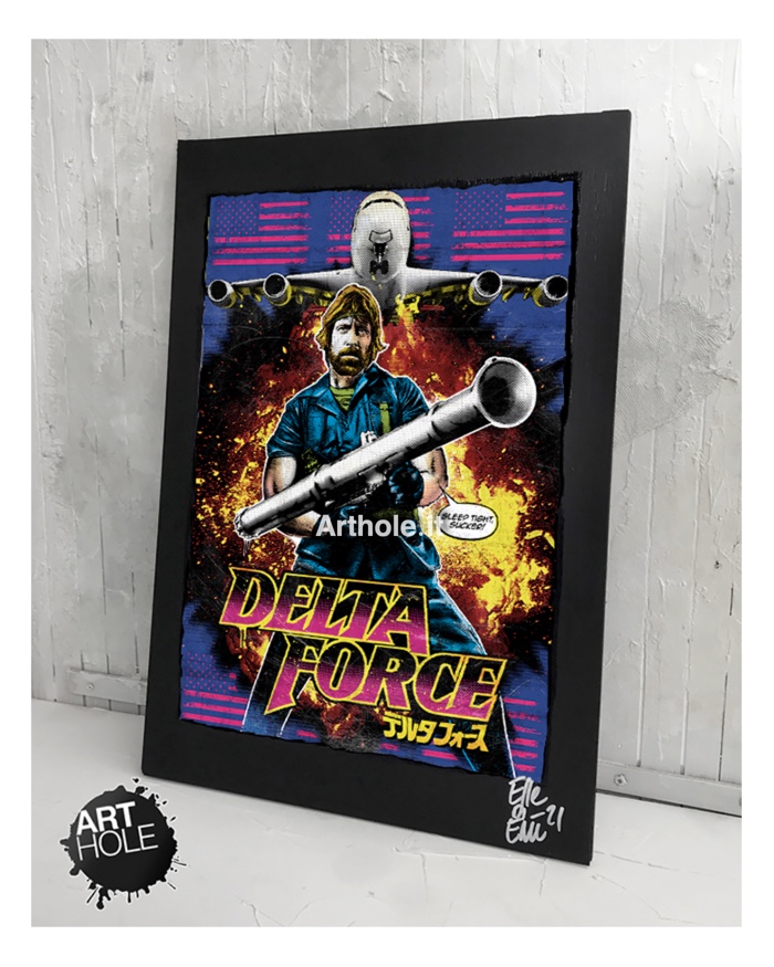 Chuck Norris dal film The Delta Force. Quadro Poster Originale handmade. 1986, Cannon Film, Arti Marziali, Film Azione, Rambo, Film Guerra, Anni 80, Alternative Movie Poster, Sylvester Stallone, Van Damme